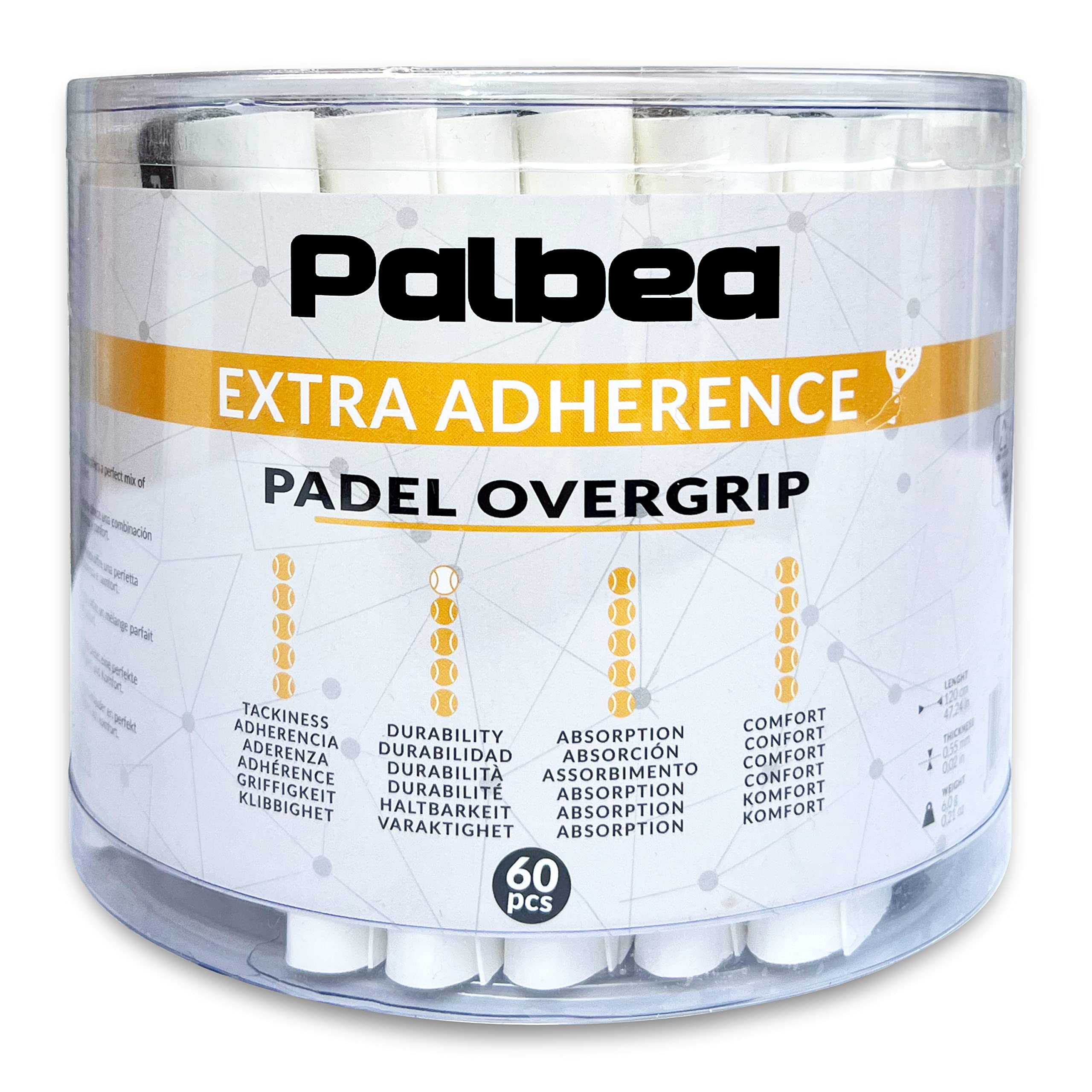 Palbea Padel OverGrip in White - Extra Tacky - Pack of 60 - Superior Sweat Absorption - Non-Slip Grip Tape for Padel & Tennis Rackets - Soft Feel -