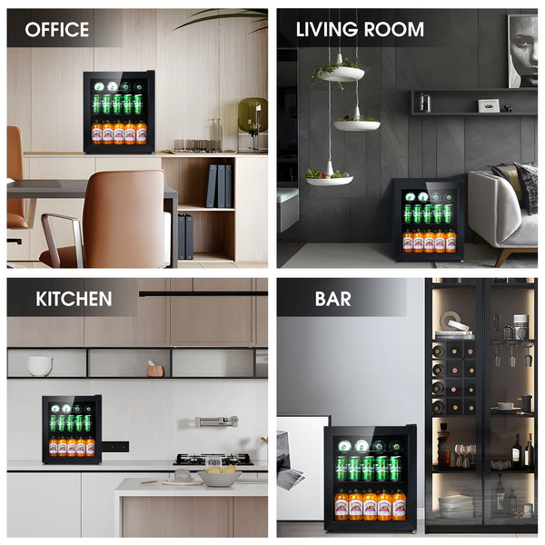 HCK 48L Mini Fridge with Glass Door, 0-15°C Cooling Zone and 2 Shelves, Compact Beverage Refrigerator Cooler for Bar and Living Room