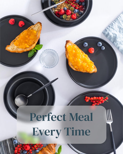 24 Piece Black Dinner Sets for 6 People - Cool Urban Style Stoneware Dinner Set for 6 - Dishwasher & Microwave Safe Plates and Bowls Set for 6 - Dinnerware Sets by Pure Living in Matte Black