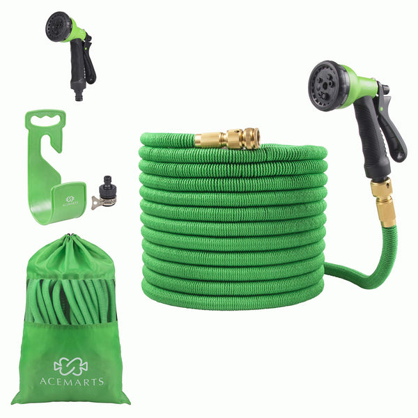 ACEMARTS Expandable Garden Hose Pipe Green 100 FT/30 M Light Weight with Tougher Latex Quality Fabric Solid Brass Connectors and 8 Pattern Nozzle for