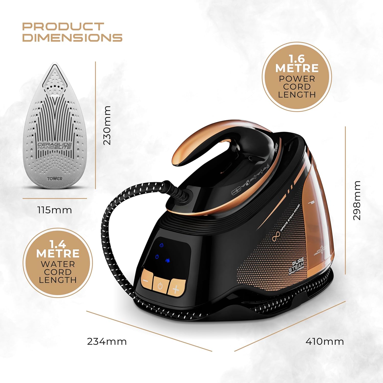 Tower T22030GLD PureSteam Infinity Xpress 8 Bar Steam Generator Iron, Ceraglide NanoElite Soleplate, AI-Auto Limescale Attack System, One Temp Technology, 1.5L Dual Tank Capacity, 3000W, Black & Gold