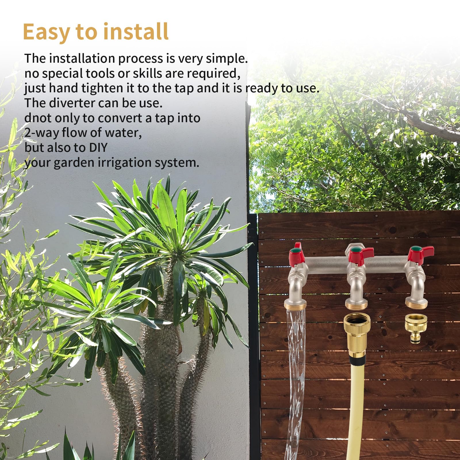 Tesmotor 1/2'' Inch Brass 3-Way Outdoor Water Tap, Garden Tap with Three 3/4" Outlet Tap and Individual On/Off, T Splitter Brass Hose Connector