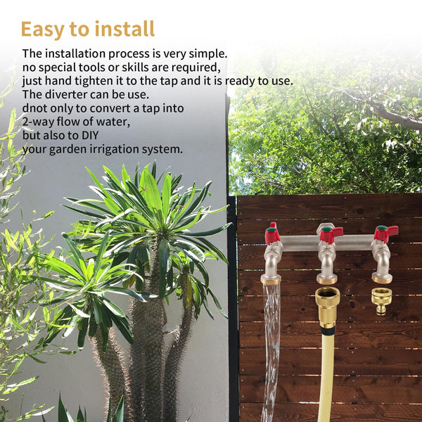 Tesmotor 1/2'' Inch Brass 3-Way Outdoor Water Tap, Garden Tap with Three 3/4" Outlet Tap and Individual On/Off, T Splitter Brass Hose Connector