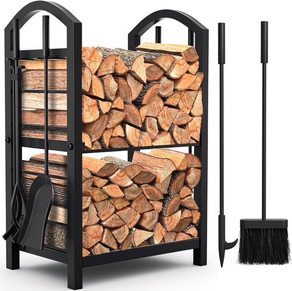 Amagabeli Fireplace Log Rack 29.5inx15.7inx11.8in with 4 Fireplace Tools Wrought Iron Firewood Holders Indoor Wood Stove Outdoor Fireplace Log Storage