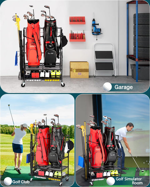 EXTCCT Golf Bag Storage Garage Organizer- Golf Bag Stand Fit for 2 Golf Bags and Golf Clubs, Golf Balls, Golf Equipment Accessories, Extra Large Golf
