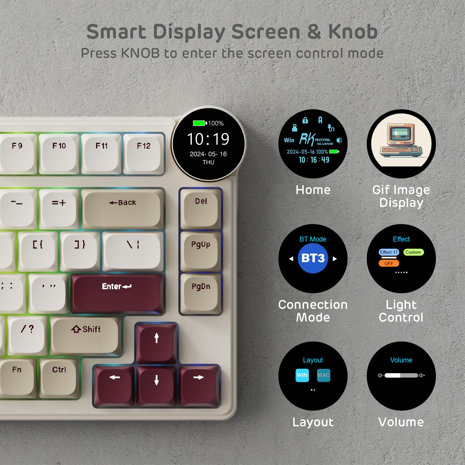 RK ROYAL KLUDGE N80 Low-Profile Mechanical Keyboard w/Smart Display Screen & Knob, Top Mount 75% Wireless Keyboard BT/2.4G/USB-C, Software Support, Massive Battery,80 Keys, Soft Tactile Brown Switches
