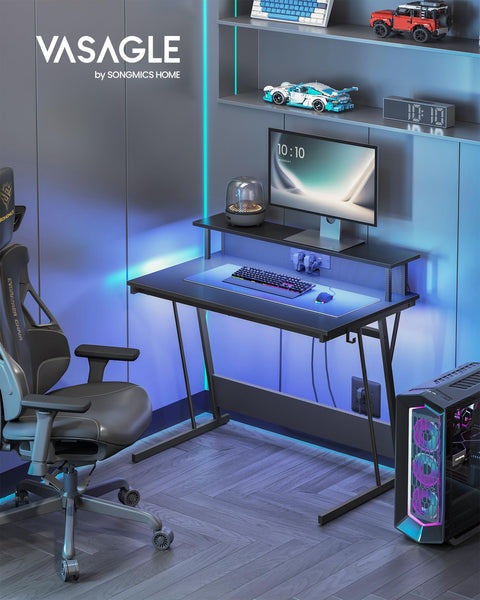 VASAGLE Gaming Desk with LED Lights and Built-In Power Outlets, Computer Desk with Monitor Shelf, Gaming Table for 2 Monitors, Office Desk, for Bedroom, 60 x 120 x 76 cm, Carbon Black LWD292B02
