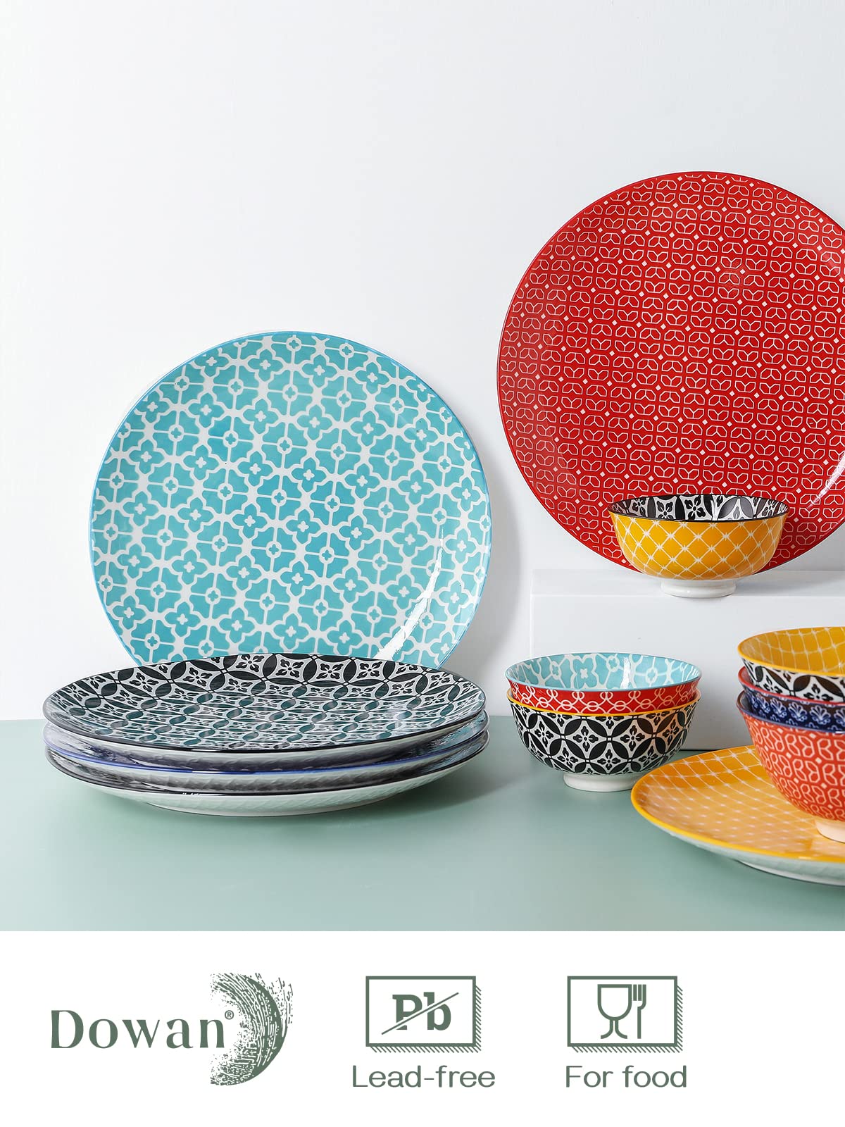 DOWAN 26.7cm Ceramic Dinner Plates, Vibrant Colours Pasta Salad Plate Set of 6, Dessert Plates for Picnic Party Christmas Housewarming Mothers Day,