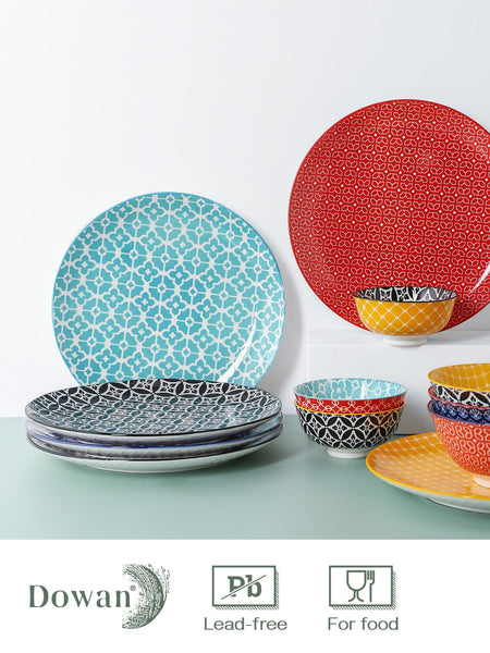 DOWAN 26.7cm Ceramic Dinner Plates, Vibrant Colours Pasta Salad Plate Set of 6, Dessert Plates for Picnic Party Christmas Housewarming Mothers Day,