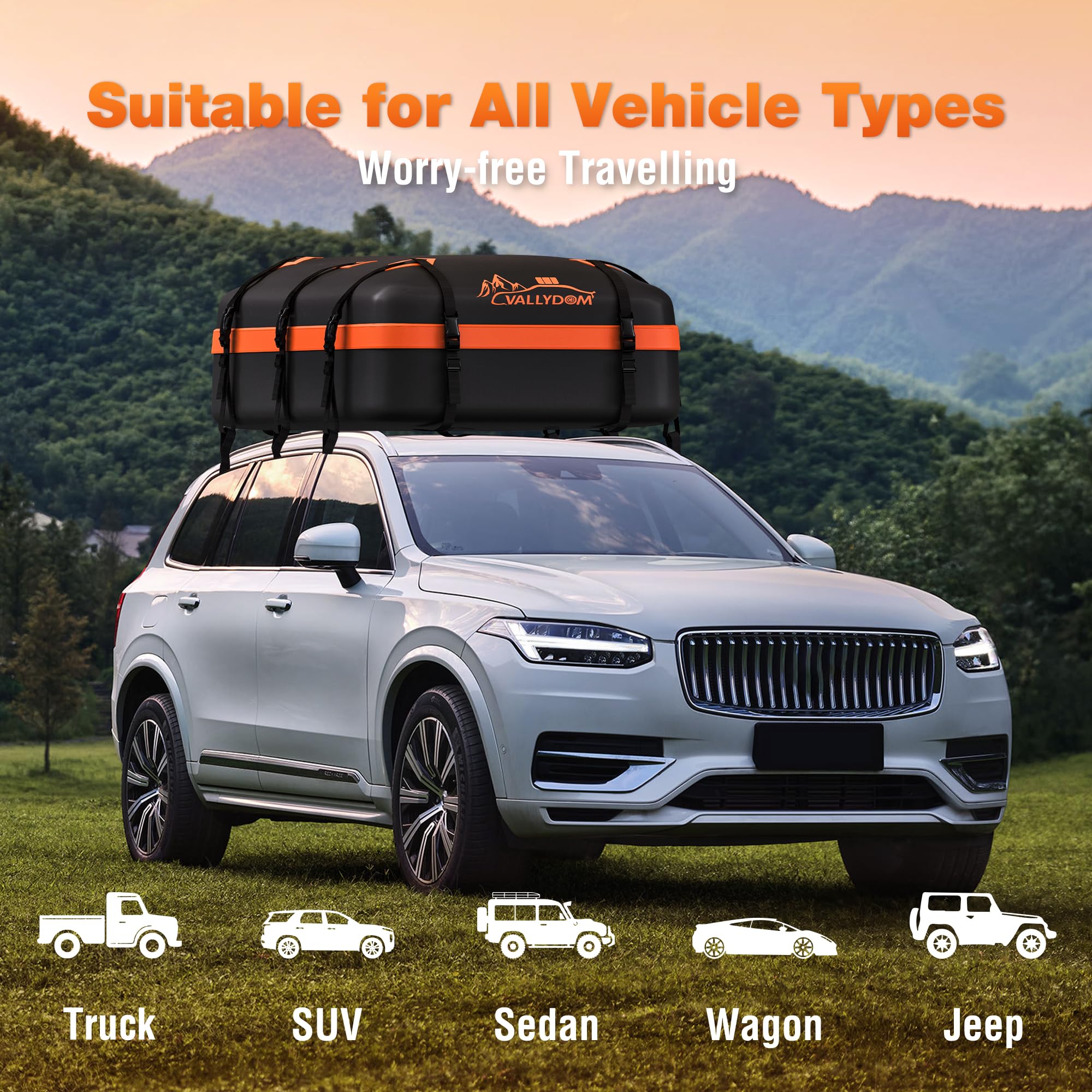 VALLYDOM Car Roof Bag 20 Cubic/560 L, 1680D PVC Waterproof Roof Bag No Need Rack, Roof Box with Anti Slip Pad, 6 Heavy-Duty Straps and Password Lock, Folding Soft Roof Bag for Cars with/Without Rack