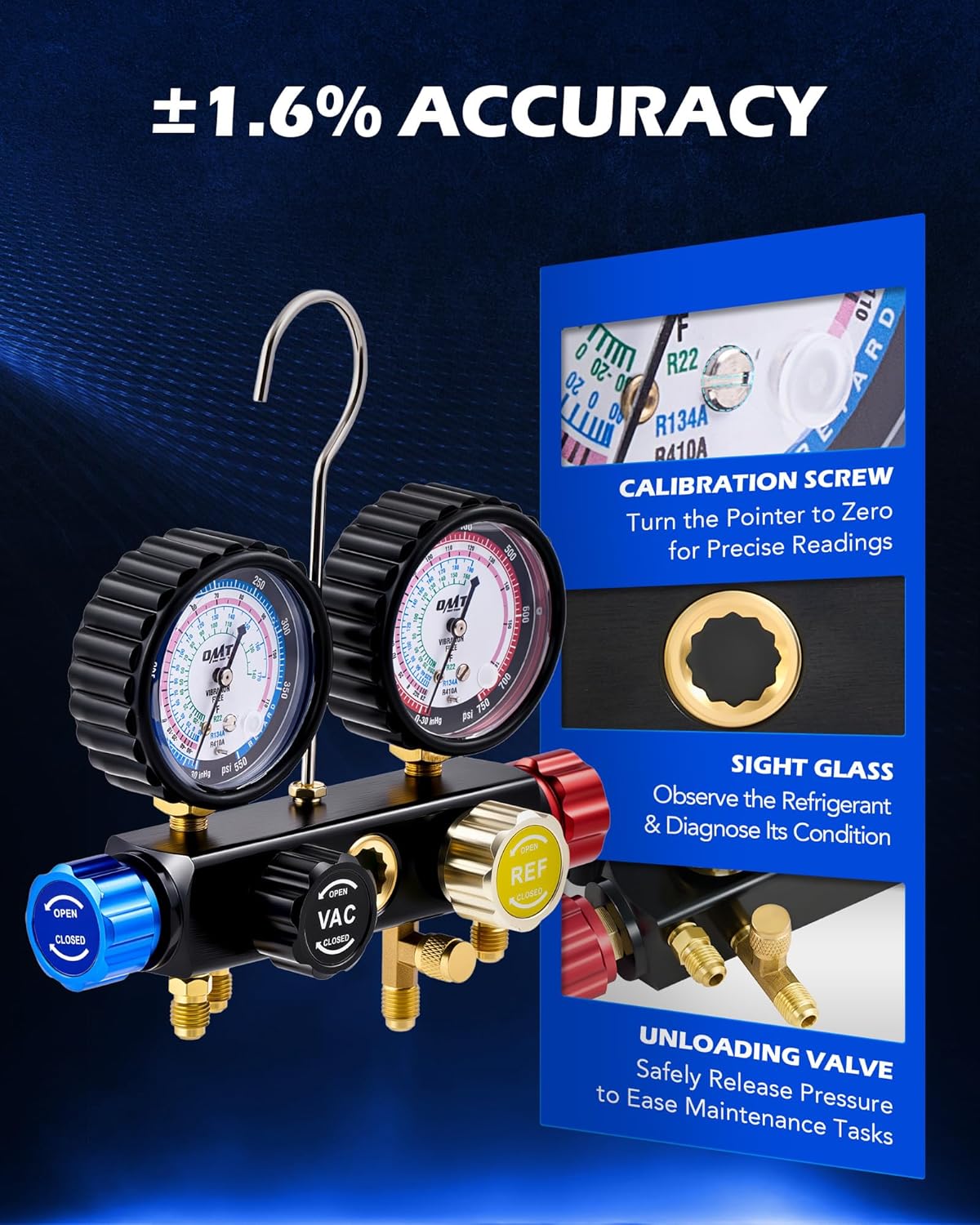 Orion Motor Tech AC Manifold Gauge Set for R410a R22 R134a Refrigerant, 4 Valve Automotive AC Gauge Set with Antishock Gauges Hoses Couplers Adapters, Puncturing Can Tap Freon Recharge Kit, Black Case