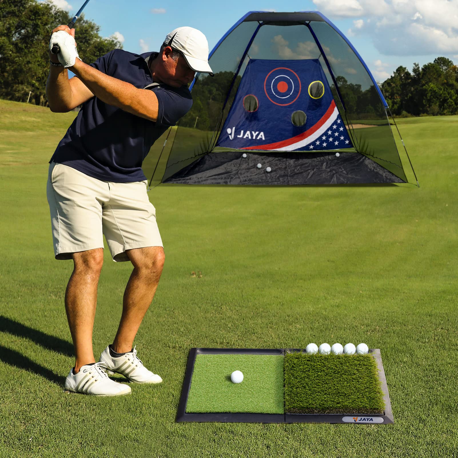 JAYA Golf Hitting Mat with Ball Tray, Heavy Rubber Base, Fairway & Rough Turf Golf Training Mat, Golf Tees and Rubber Tee Holder Included, Portable