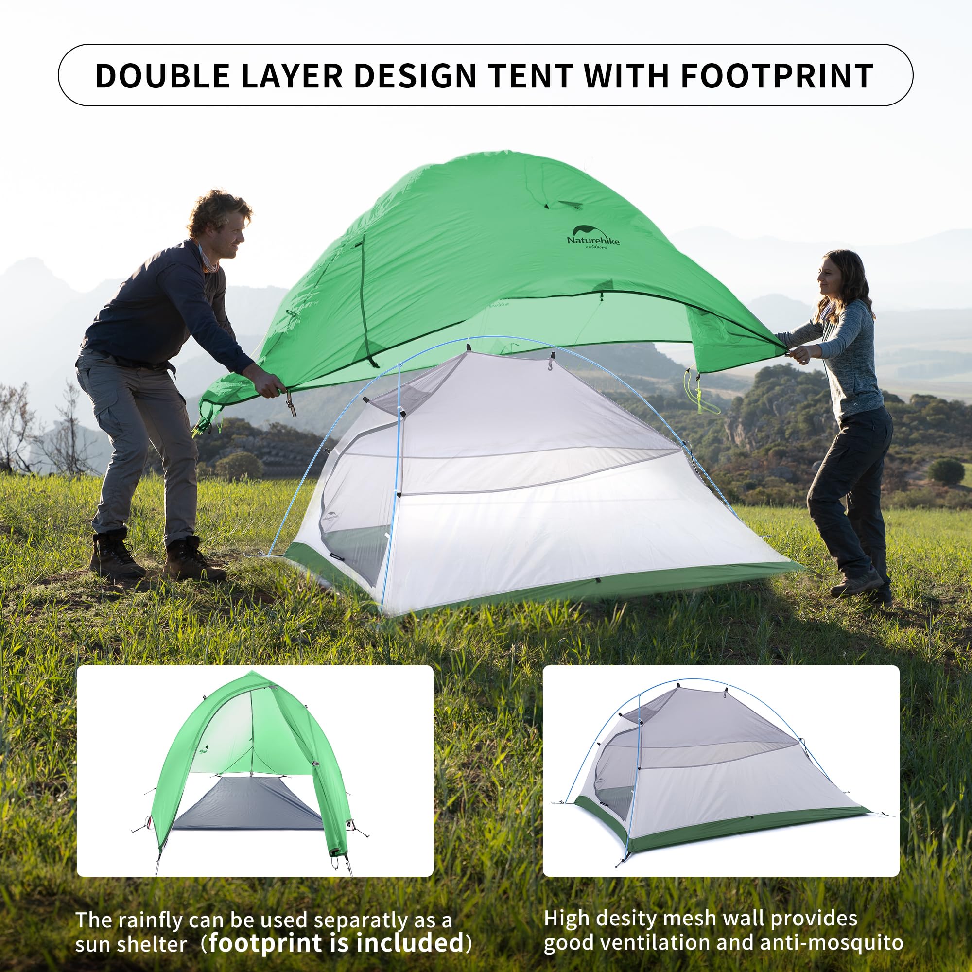Naturehike Cloud up 2 Camping Tent 2 Man Backpacking Tent 3-4 Season Wild Country Tent Lightweight Dome Tent