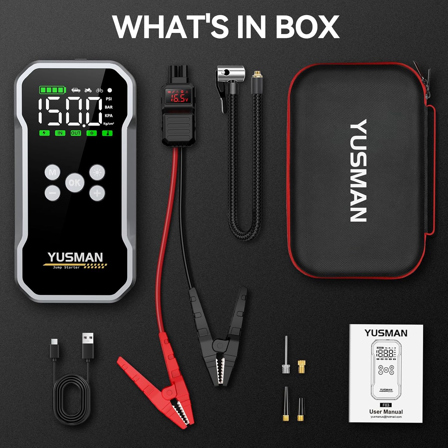 Jump Starter Power Pack with Air Compressor, 7000A 150PSI Portable Car Battery Booster (All Petrol/10L Diesel), 12V Car Jump Starter Power Bank with Jump Leads, LCD Screen, 2 LED Light