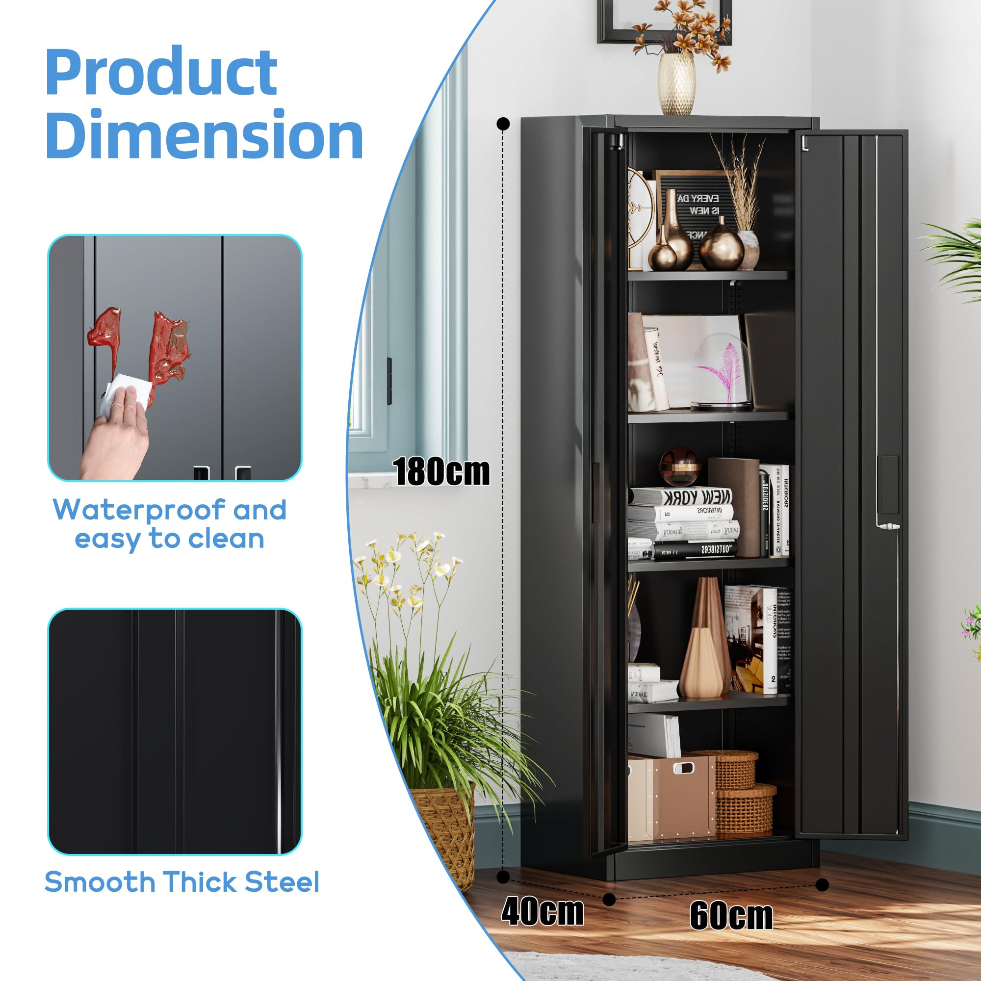 Metal Storage Cabinet with 2 Door and 3 Adjustable Shelves,140X80x40CM Steel Cabinet for Warehouse,Garage,Home,Office,Easy Assemble Required(Black/White)