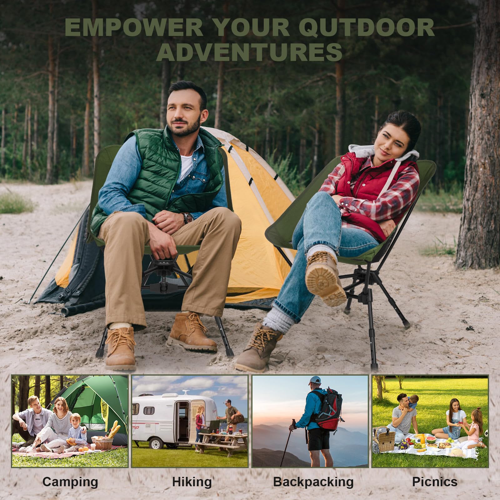 Portable Folding Camping Chair: Lightweight Height Adjustable Camping Chairs Stable Supports 330 Lbs with Side Pockets for Outdoor Camp, Travel, Beach, Lawn (Black)