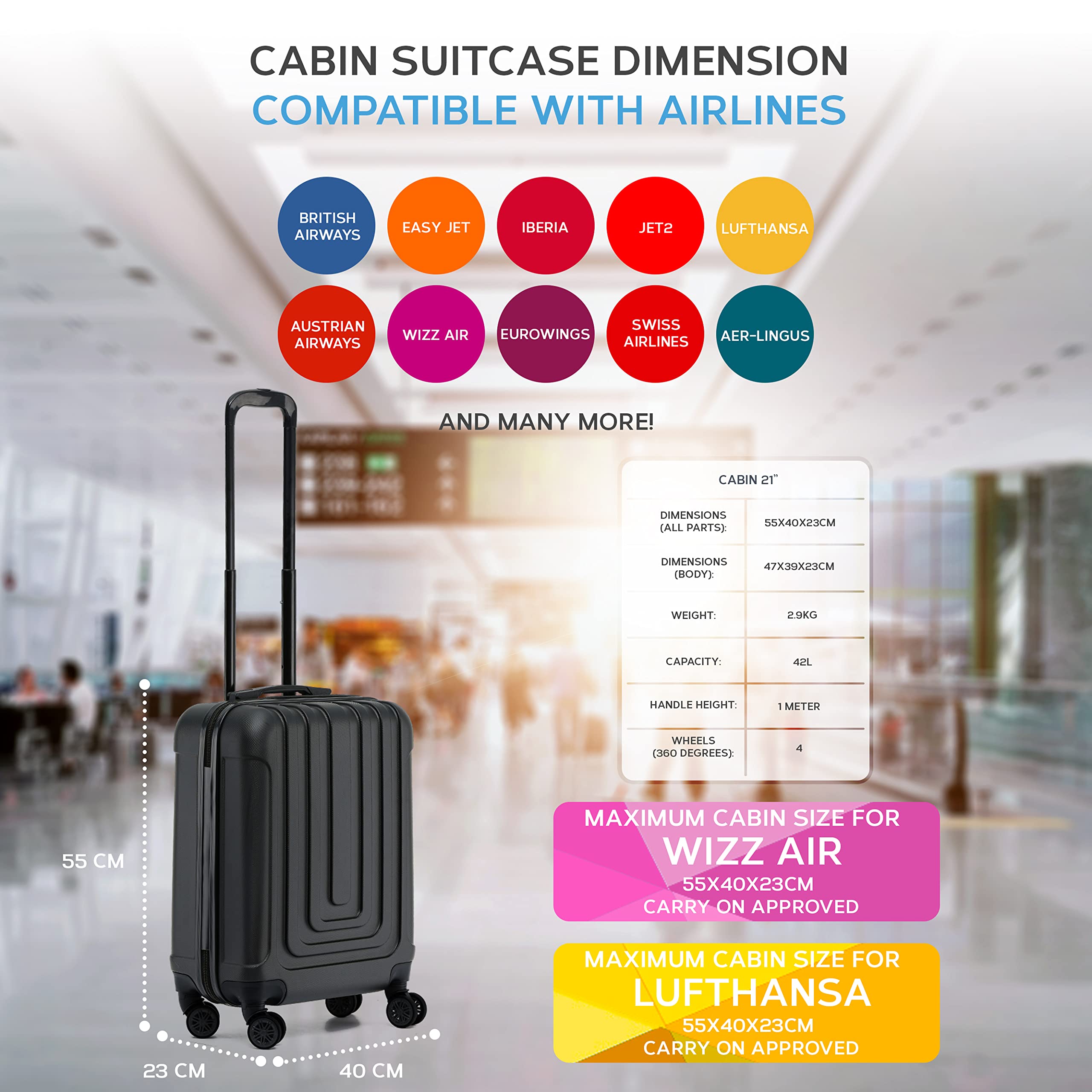 Flight Knight Premium Lightweight Suitcase - Built-in TSA Lock - 8 Spinner Wheels - ABS Hard Shell Check in Highly Durable Luggage - Medium - 67x45x26cm