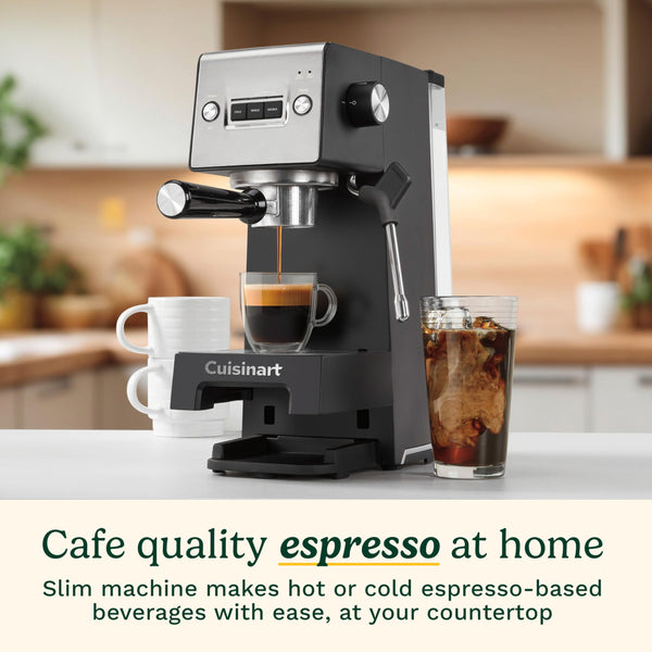 Cuisinart® Slim Espresso Machine | Espresso, Americano, Cold Brew | Integrated milk frother for Lattes and Cappuccino | 15-Bar Pressure, Bottomless Portafilter |Compact Design, Travel Mug Compatible