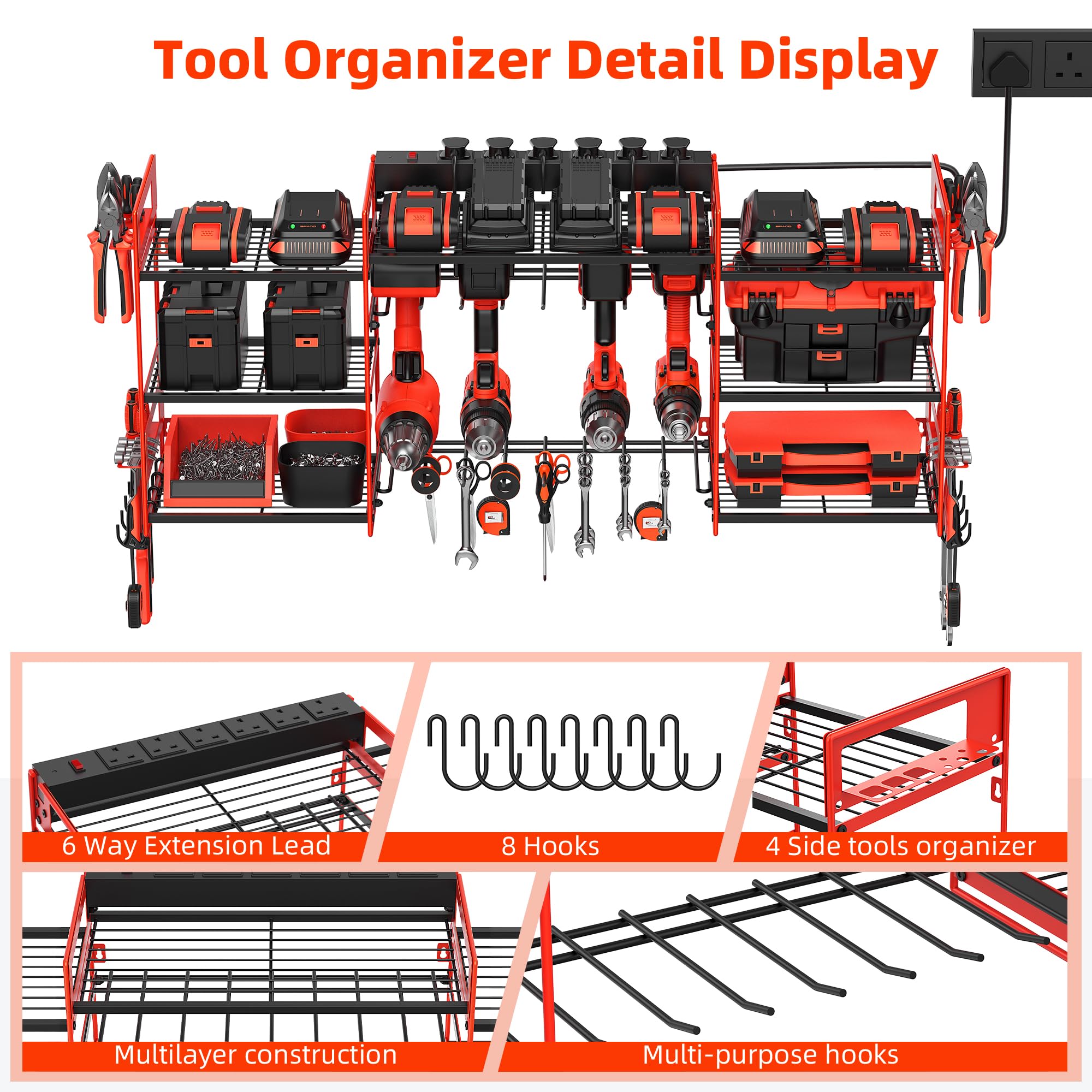 Power Tool Organizer with 6 Way Extension Lead,Large Tools Charging Station,8 Power Drill Tools Heavy Duty Drill Holder Wall Mounted Rack Utility Metal Tool Shelf Storage Organiser for Garage