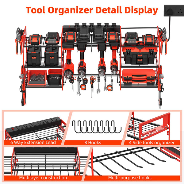 Power Tool Organizer with 6 Way Extension Lead,Large Tools Charging Station,8 Power Drill Tools Heavy Duty Drill Holder Wall Mounted Rack Utility Metal Tool Shelf Storage Organiser for Garage