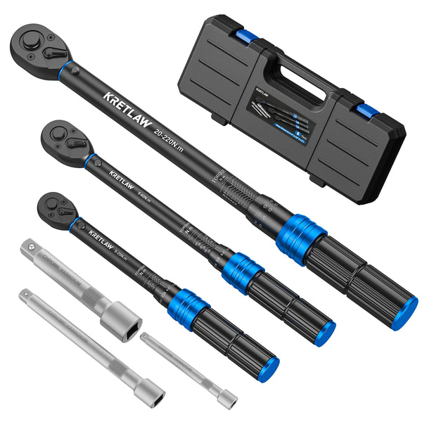 KRETLAW 3/8" Torque Wrench Set 30PCs, 5-60 Nm Drive Click Torque Wrench (72 Teeth ±3% Accuracy) with Extensions, Sockets, Adapter for Bike and Motorcycle Car Truck Maintenance