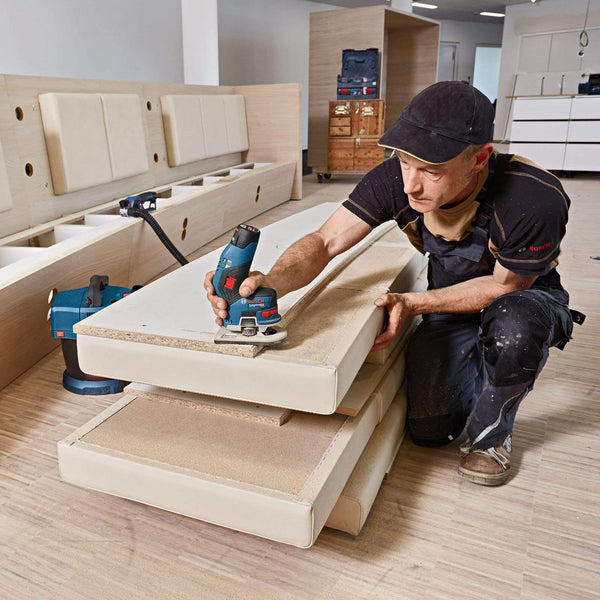 Bosch Professional 12V System cordless Palm Router GKF 12V-8 (incl. Open-ended spanner 17 mm, Collet with nut 1/4"" (also compatible with 6/8 mm collets), cardboard box)