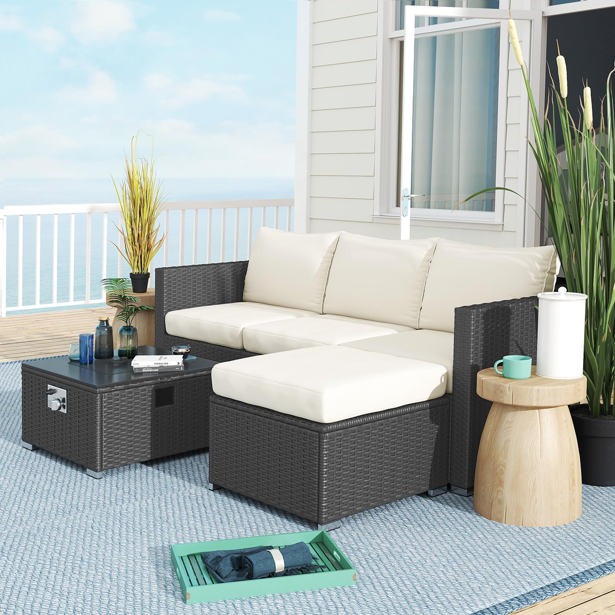 Outsunny 5 Piece Rattan Garden Furniture Set with Gas Fire Pit Table, 4 Seater Outdoor Sectional Sofa Set with Footstool and Removable Cushions, Modular Combination, Brown and Cream White