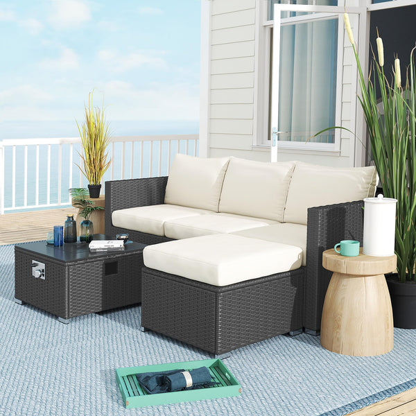 Outsunny 5 Piece Rattan Garden Furniture Set with Gas Fire Pit Table, 4 Seater Outdoor Sectional Sofa Set with Footstool and Removable Cushions, Modular Combination, Brown and Cream White