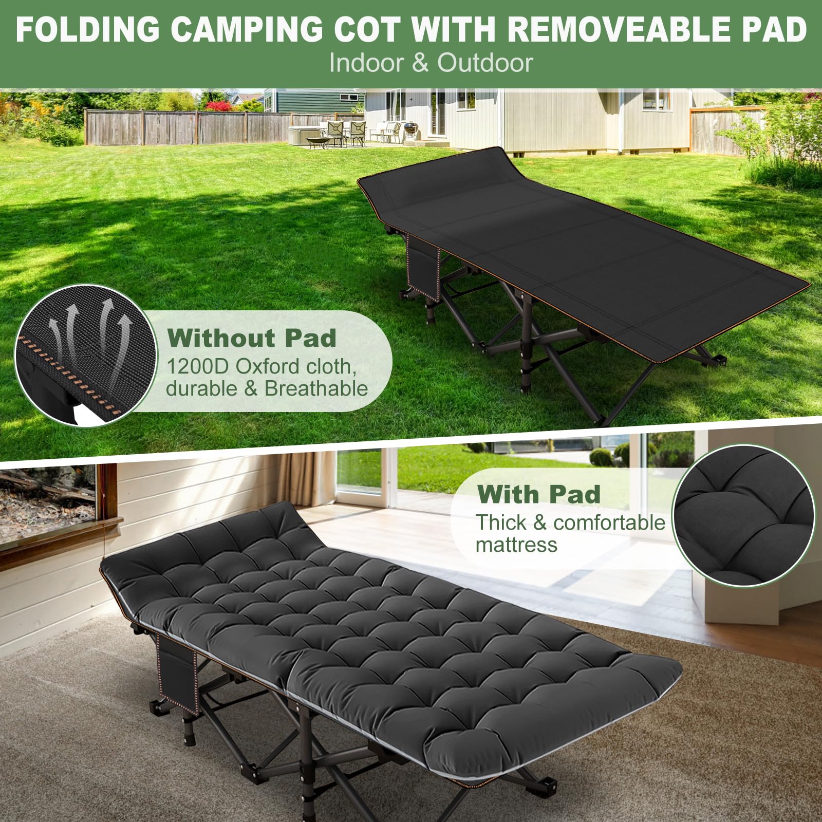 Meulbaty Oversized Folding Camp Bed with Mattress - 46cm Wide, 400KG Heavy Duty Steel Frame and Oxford Cloth, 198x81x46 cm Camping Cot, Great for Adults, Garden and Trip (XXL Black)