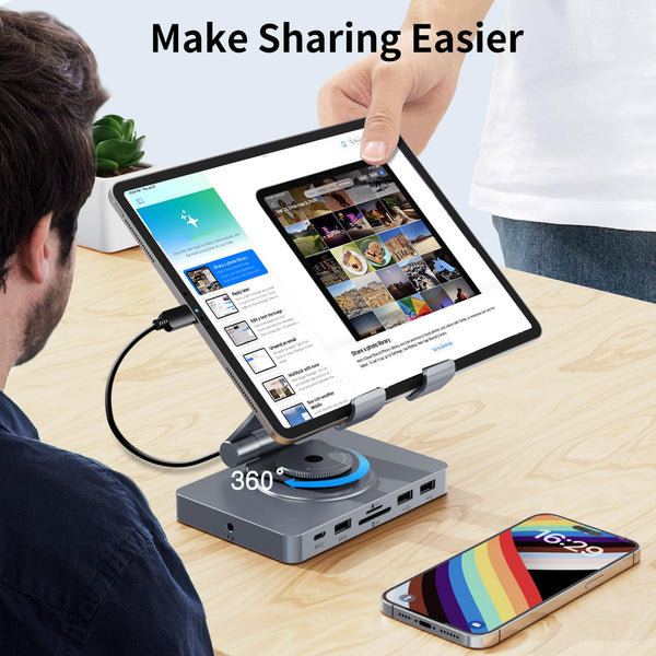 360° Rotating iPad/iPad Pro USB C Docking Station, 11-in-1 with SD TF 4.0 Reader, 4K@60Hz HDMI, RJ45, Audio, USB A, USB C, For Tablet, Steam Deck, ROG Ally, Legion Go, Msi Claw, Samsung, etc