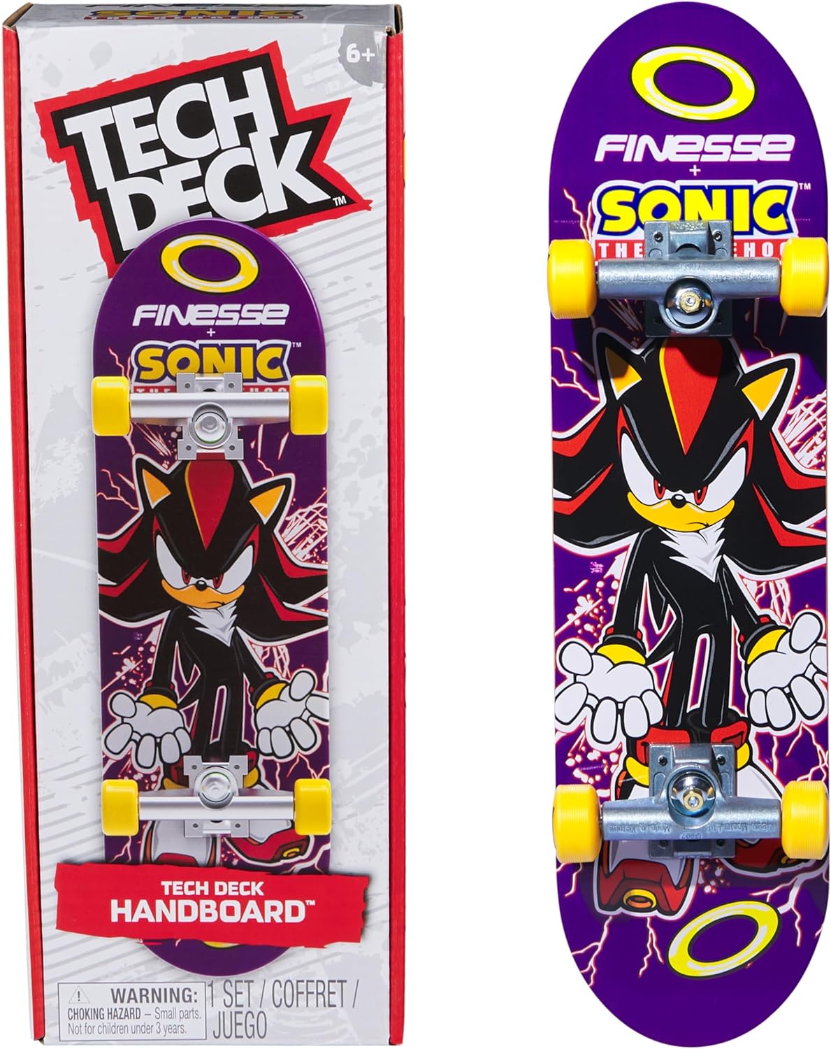 Tech Deck, Finesse X Sonic the Hedgehog Handboard; Authentic Mini Skateboards, Kids’ Toys for Boys and Girls, Ages 6 and up (Hands Use Only)