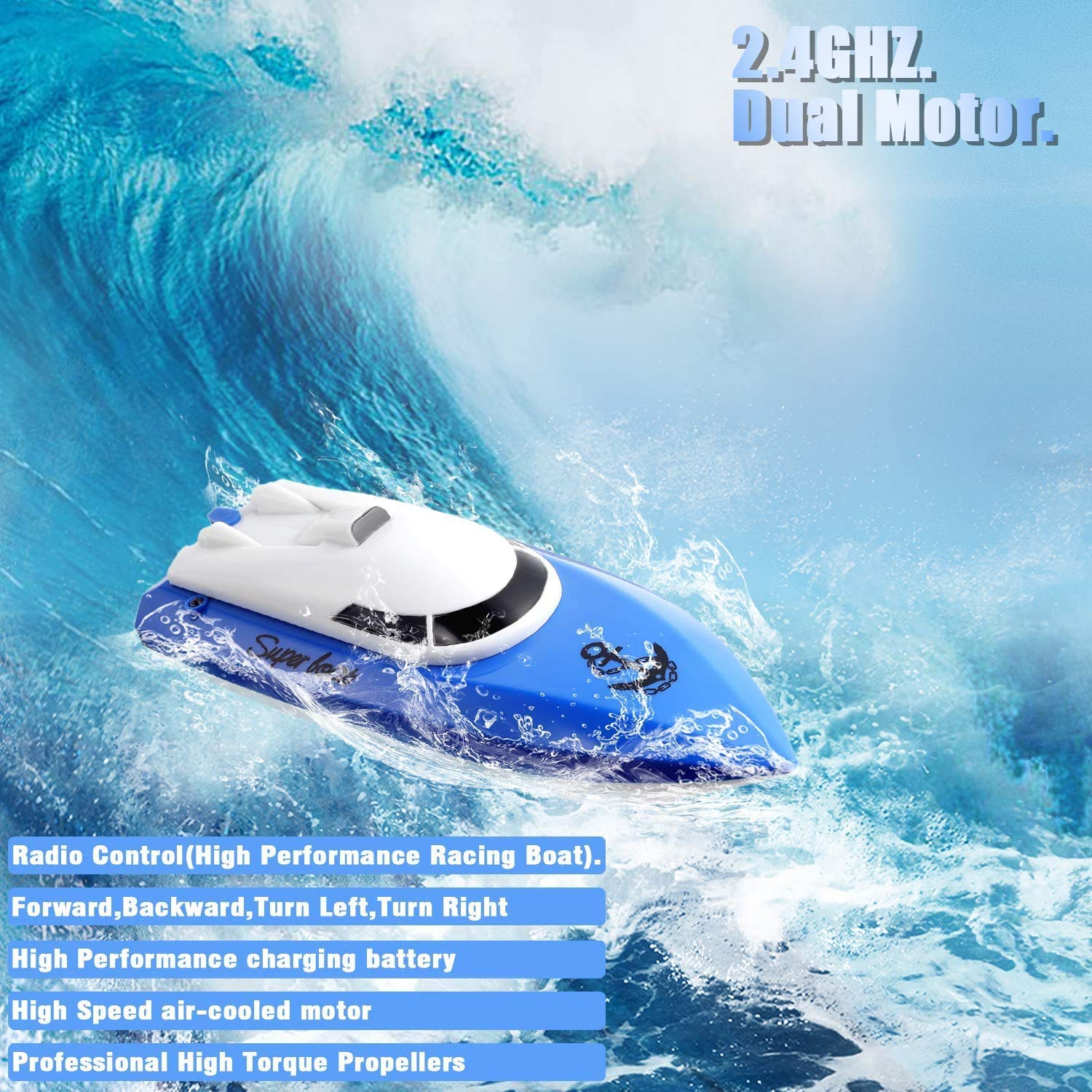 SZJJX RC Boat, Remote Control Boats for Lake/Pool/Pond, 2.4 GHz High Speed Mini Boats, Outdoor Adventure Electric RC Racing Boats for Adults & Kids-Blue