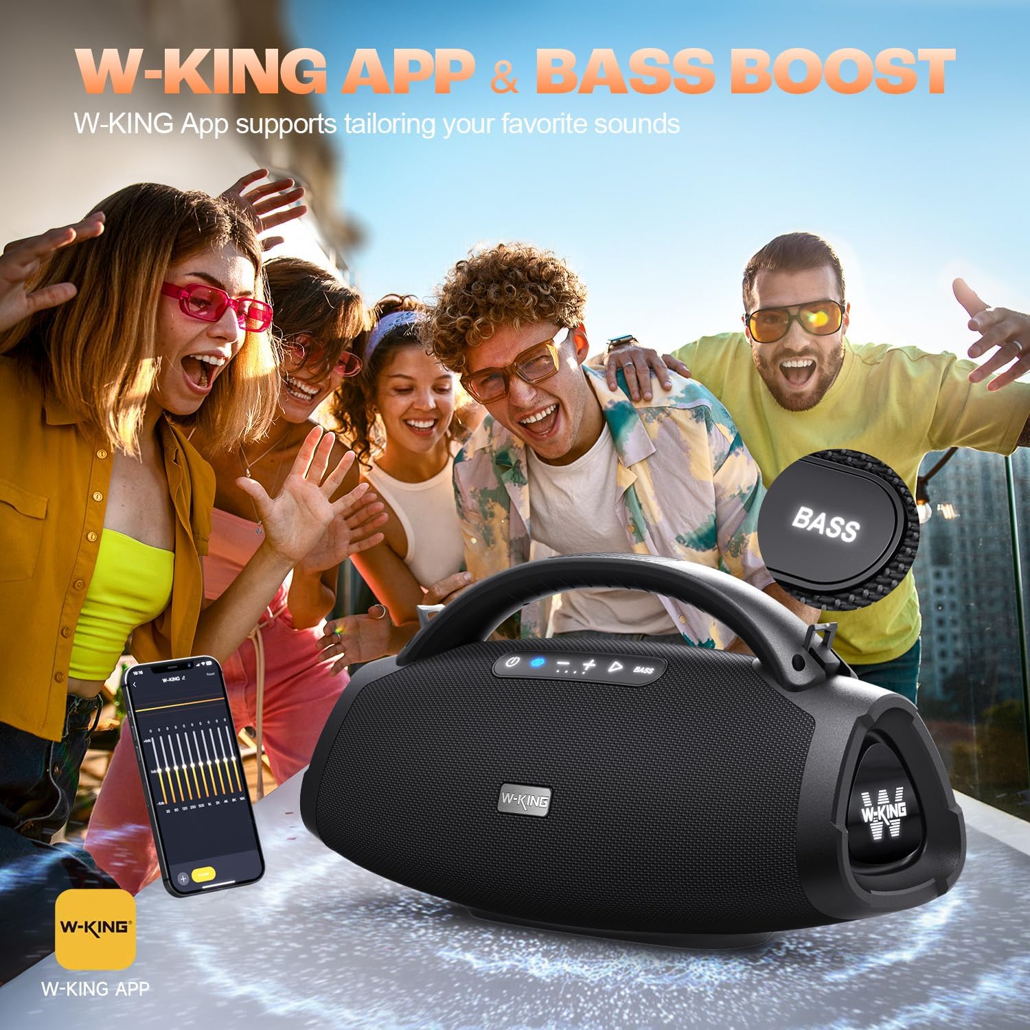 W-KING Bluetooth Speaker X20, 300W PEAK 200W RMS Portable Speaker Party with 40Hz Massive Boom box, 7.5'' Subwoofer, IPX7, EQ APP, 2.1 Ch, V5.4, 30H, MIC-GTR, Fast Charging, for Camping, Beach, Garden