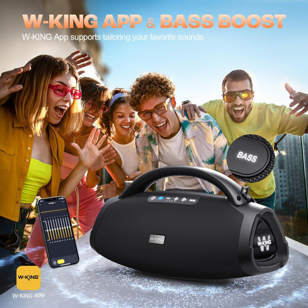 W-KING Bluetooth Speaker X20, 300W PEAK 200W RMS Portable Speaker Party with 40Hz Massive Boom box, 7.5'' Subwoofer, IPX7, EQ APP, 2.1 Ch, V5.4, 30H, MIC-GTR, Fast Charging, for Camping, Beach, Garden