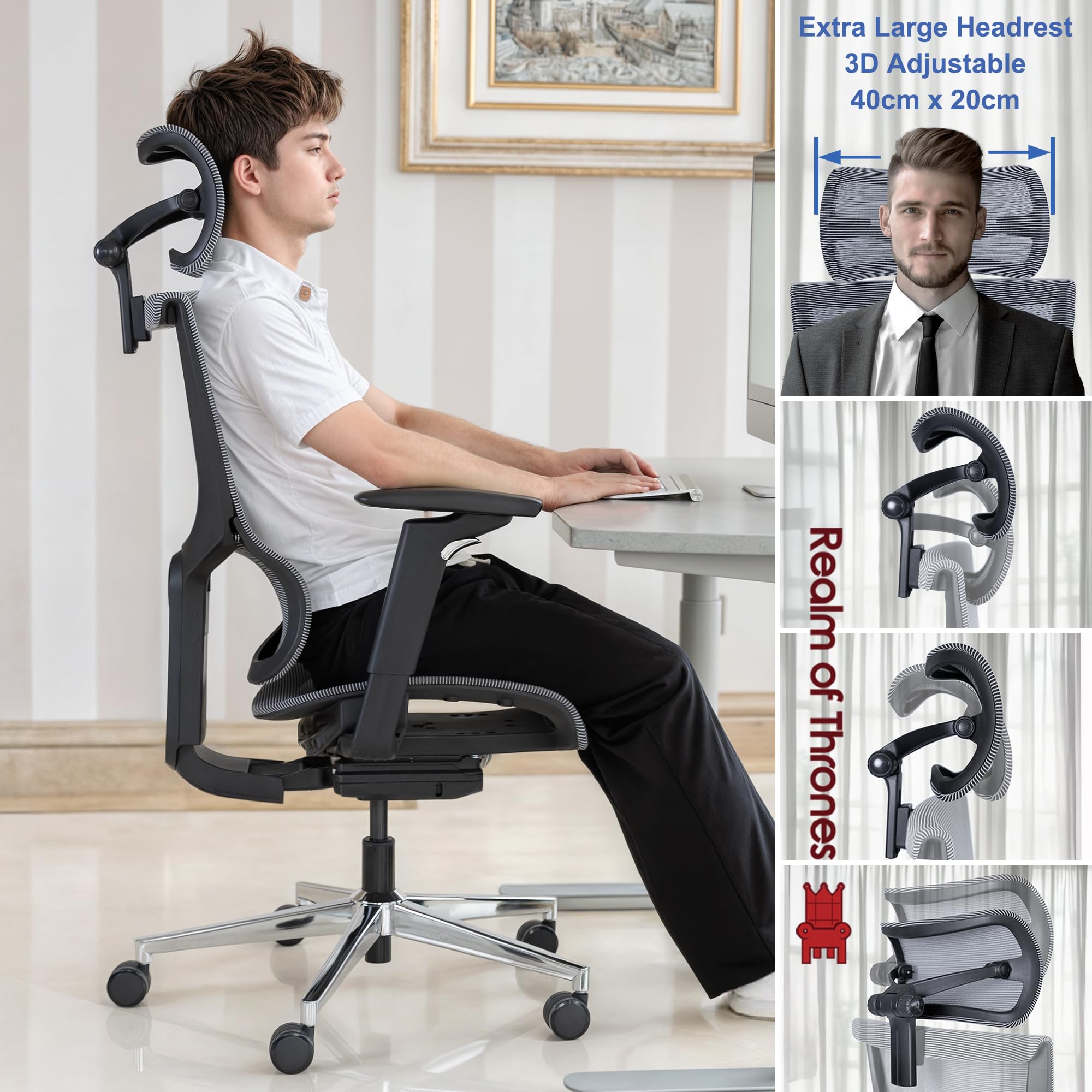 Realm of Thrones CAPTAIN Ergonomic Office Chair for Home, Heavy Duty Steel Base, Versatile Flip-up Armrests, Adjustable Lumbar Support, Mesh Back Comfort Cushion Seat for Computer Desk/Gaming (Black)