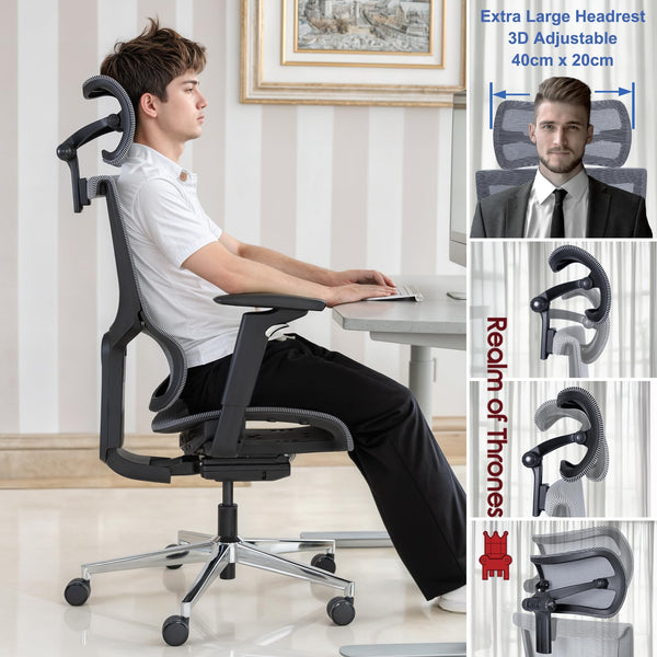 Realm of Thrones CAPTAIN Ergonomic Office Chair for Home, Heavy Duty Steel Base, Versatile Flip-up Armrests, Adjustable Lumbar Support, Mesh Back Comfort Cushion Seat for Computer Desk/Gaming (Black)