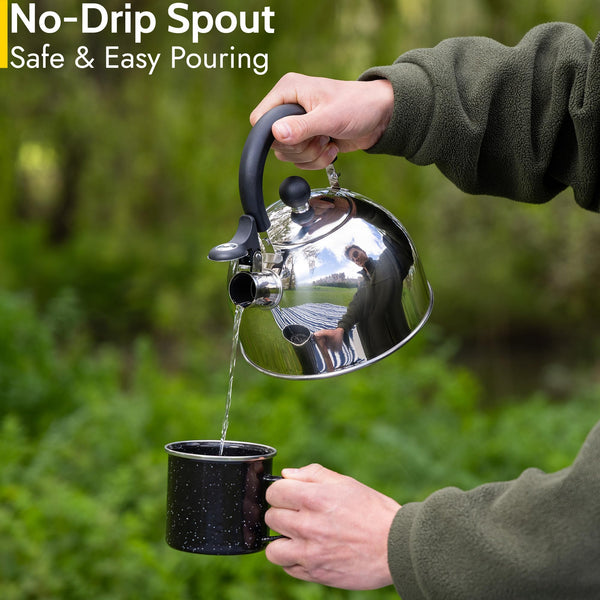 Trail 2L Whistling Camping Kettle, Polished Stainless Steel, Durable & Lightweight, Easy Pour Spout, Folding Heat Resistant Handle, Fast Boil Travel Kettle, Outdoor Fishing Hiking, 15cm x 18cm, 0.42kg