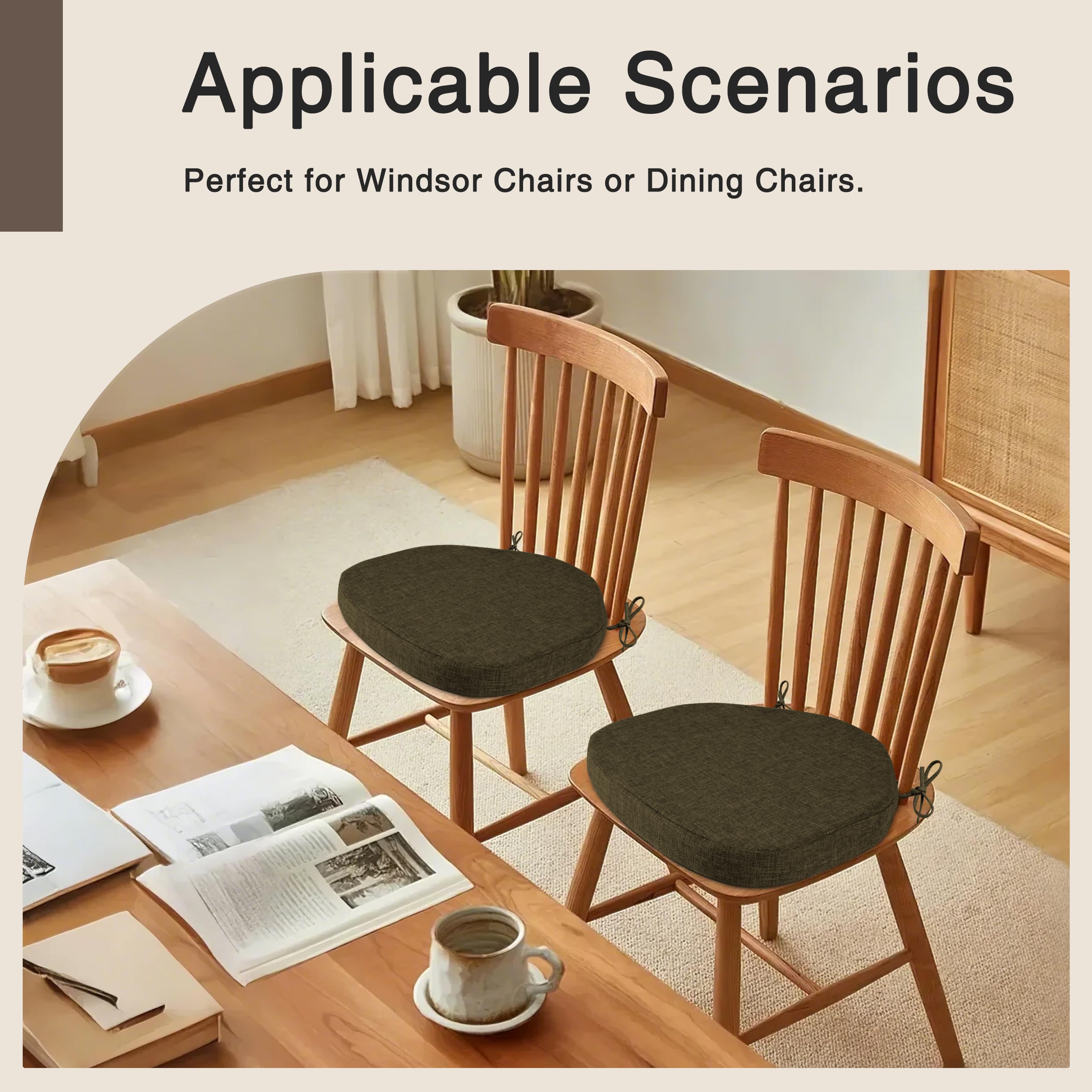 OVOV Chair Cushions for Dining Chairs Set of 4 Windsor Seat Cushion for Kitchen Room Chair Thick Textured Chair Pads with Ties and Non-Slip