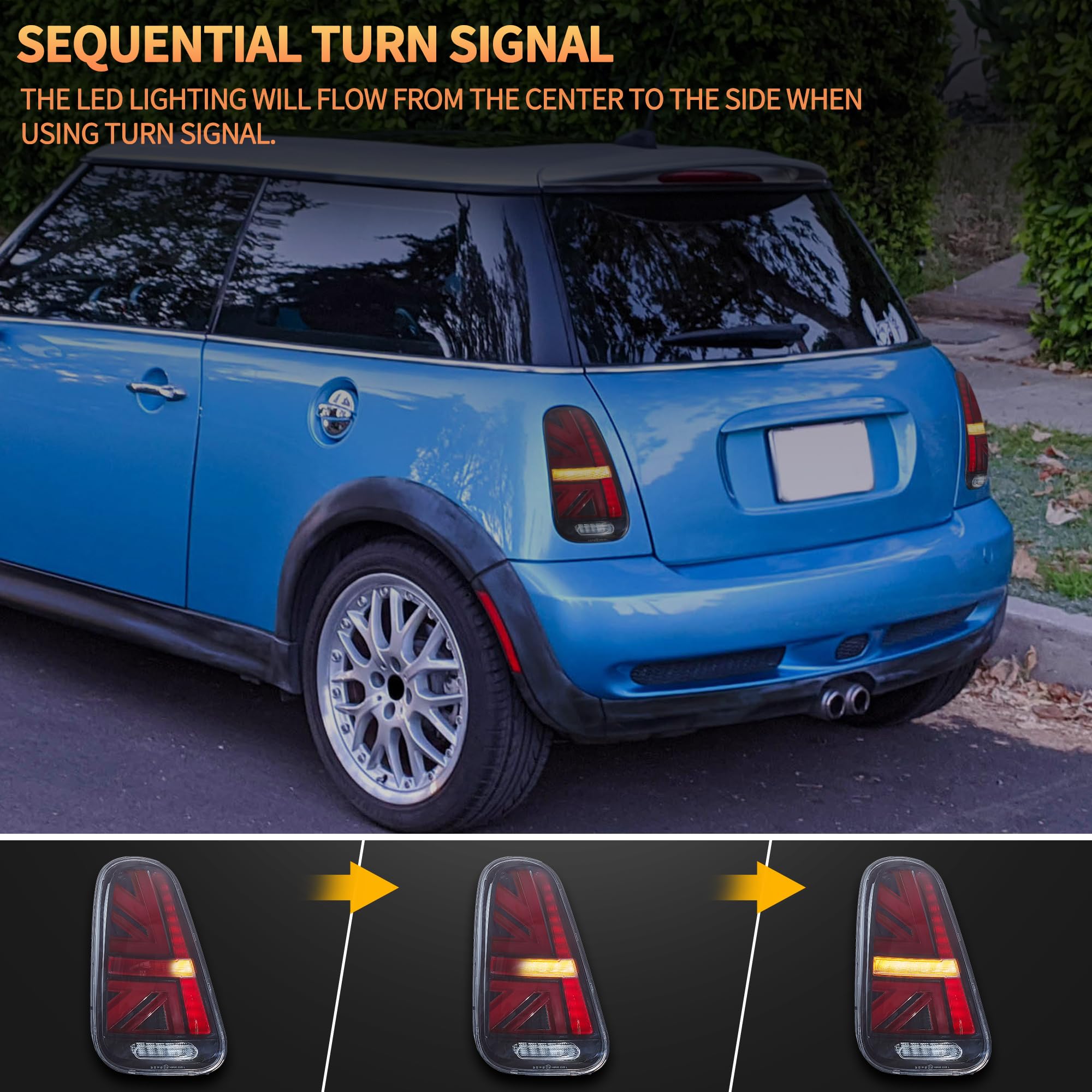 VLAND LED Rear Lights Compatible with Mini Cooper R50 R52 R53 2001-2006 1st Gen Hatch/Convertible, Union Jack Tail Lights w/Startup Dynamic Display & Sequential Indicator, 1 Set (Red)