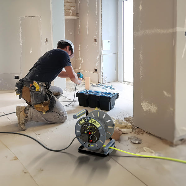 Masterplug Pro-XT Four Socket Open Cable Reel Extension Lead with Winding Handle, Thermal Cut Out and Power Switch, 25 Metres High Visibility Cable , Green