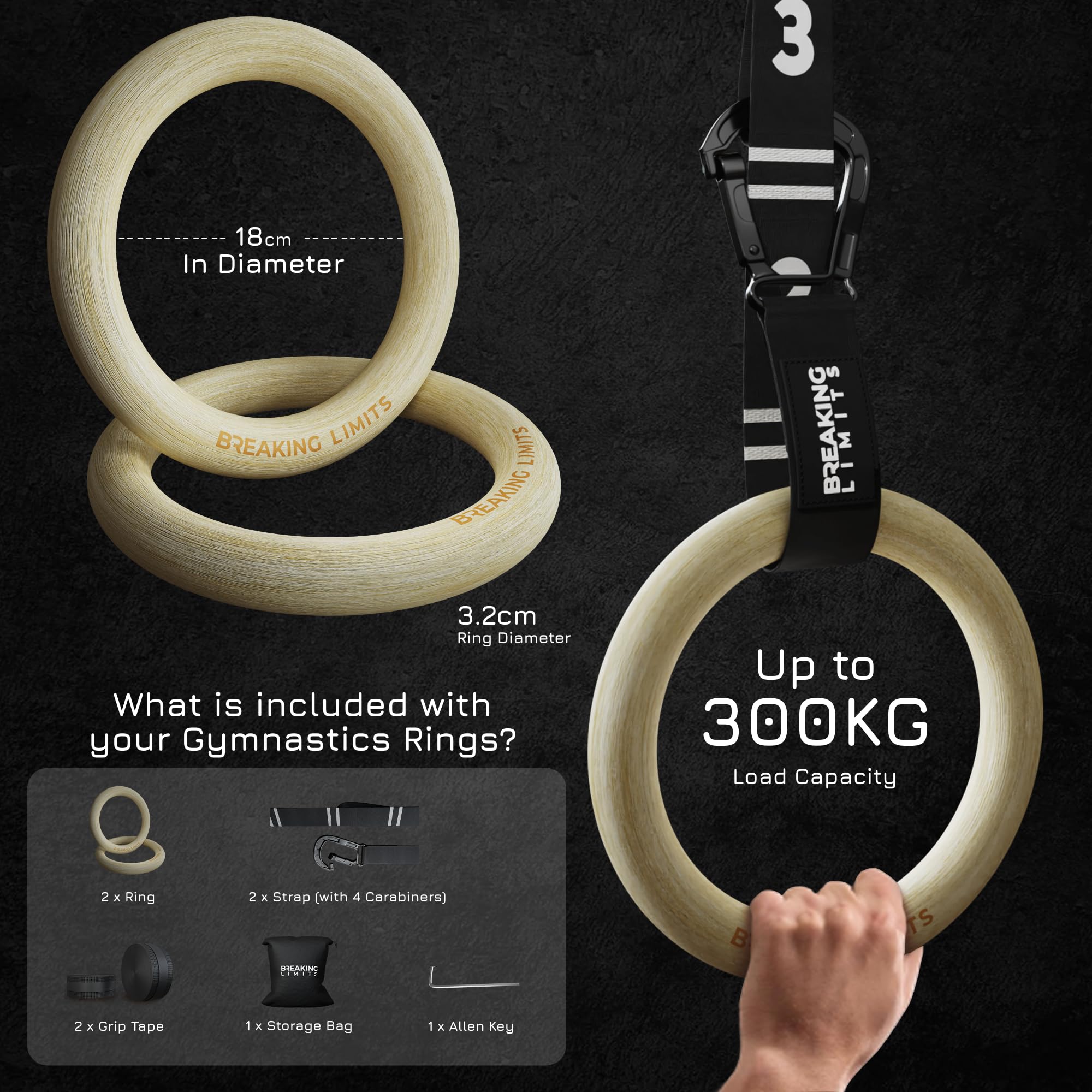 BREAKING LIMITS Gymnastics Rings - Adjustable Straps with Quick Release & Carabiner - Textured & Non-Slip Birch Wood Gym Rings - As Calisthenics
