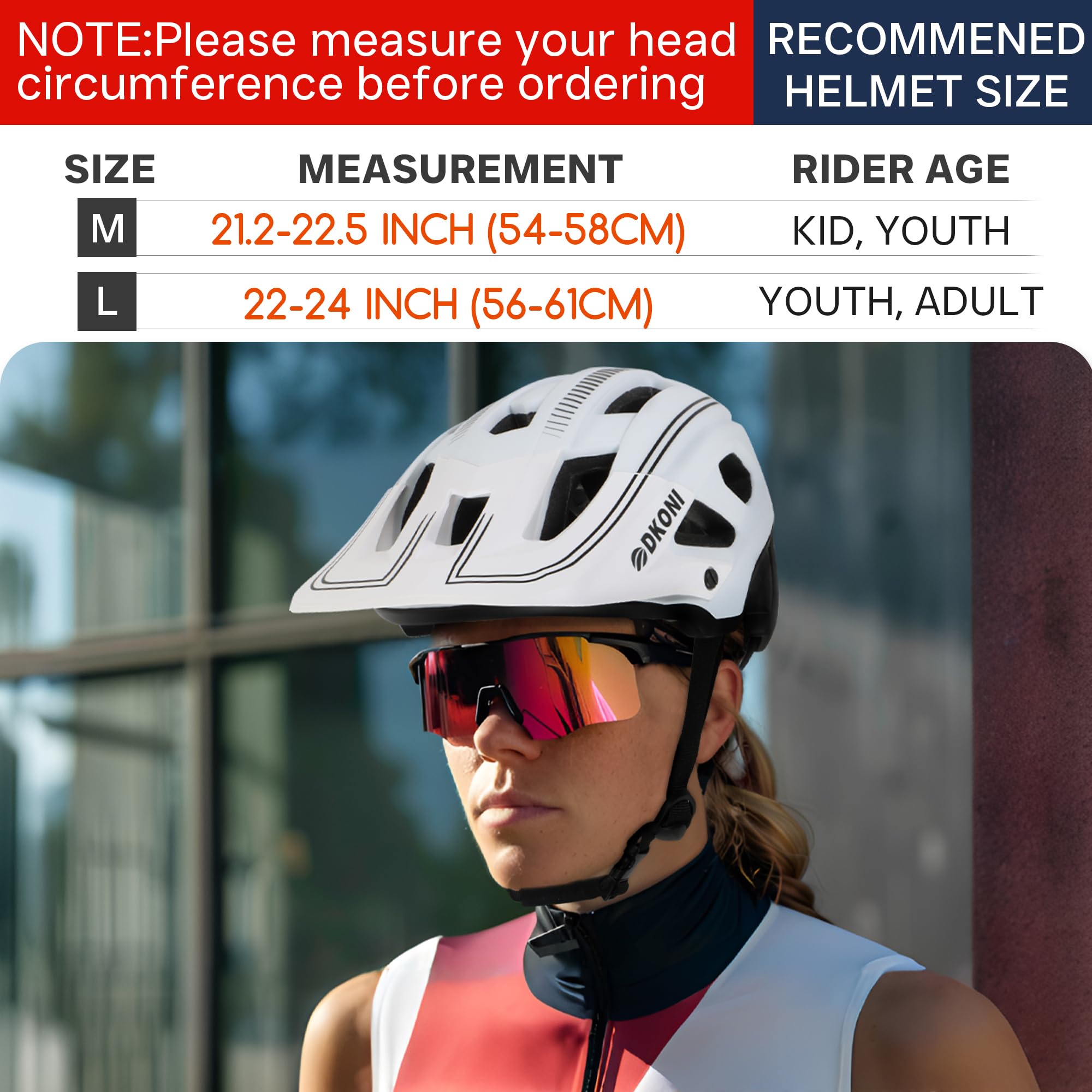 DKONI MTB Mountain Bike Helmet for Youth and Adults, Unisex, Lightweight, Adjustable Fit 54-61cm, Removable Visor and Liners, 17 Large Air Vents