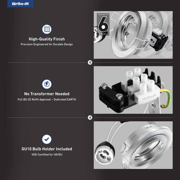 6X GU10 Tilt Swivel Downlight Satin Chrome Brite-R LED Spotlight Recessed Ceiling Light Fitting Pressed Steel IP20 Rated Halogen Compatible CE