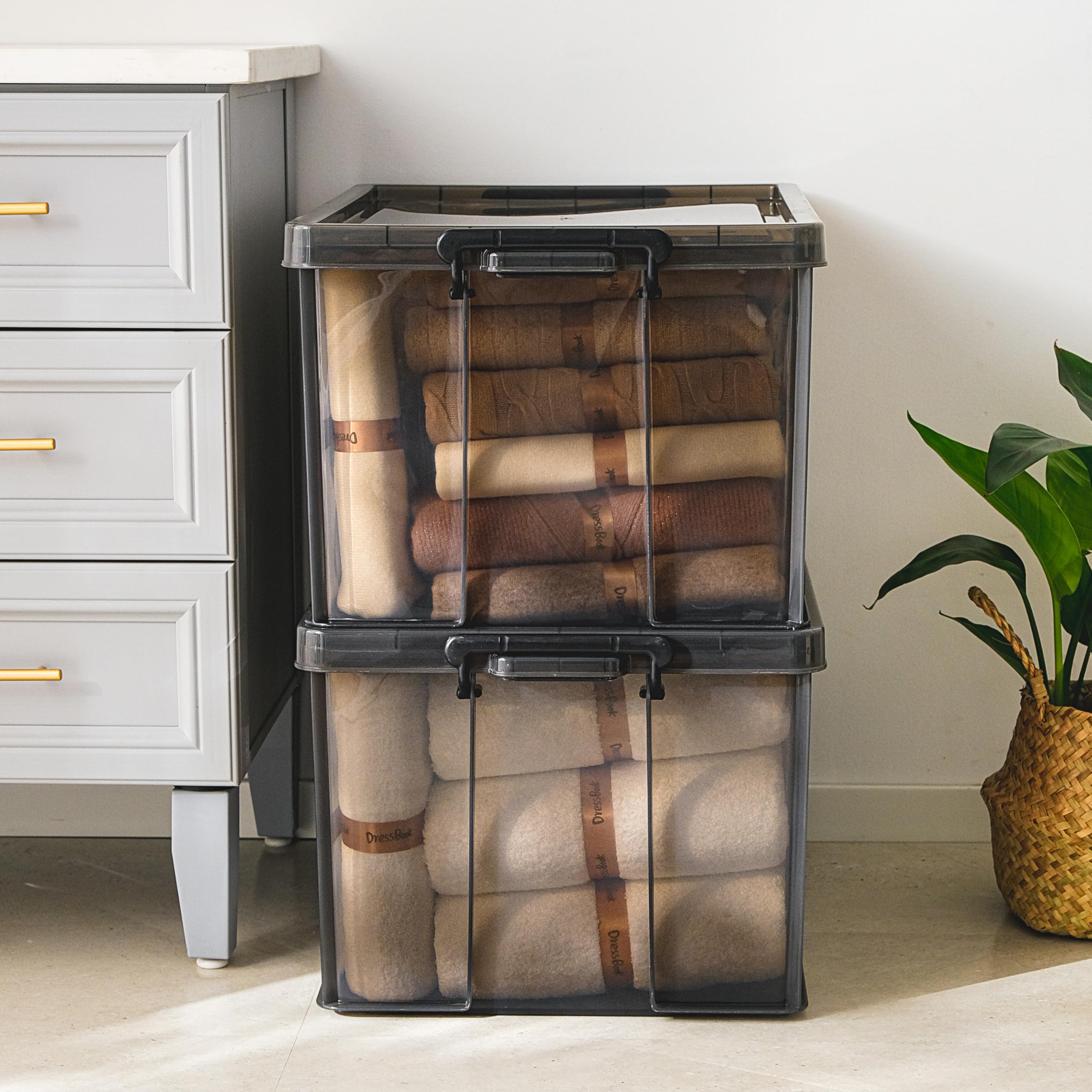 Cetomo 80L*3 Storage Boxes, Stackable Storage Box with Lids, Heavy-Duty Lidded Container with Reinforced Corners, Vertical Sides and Clip Closure,