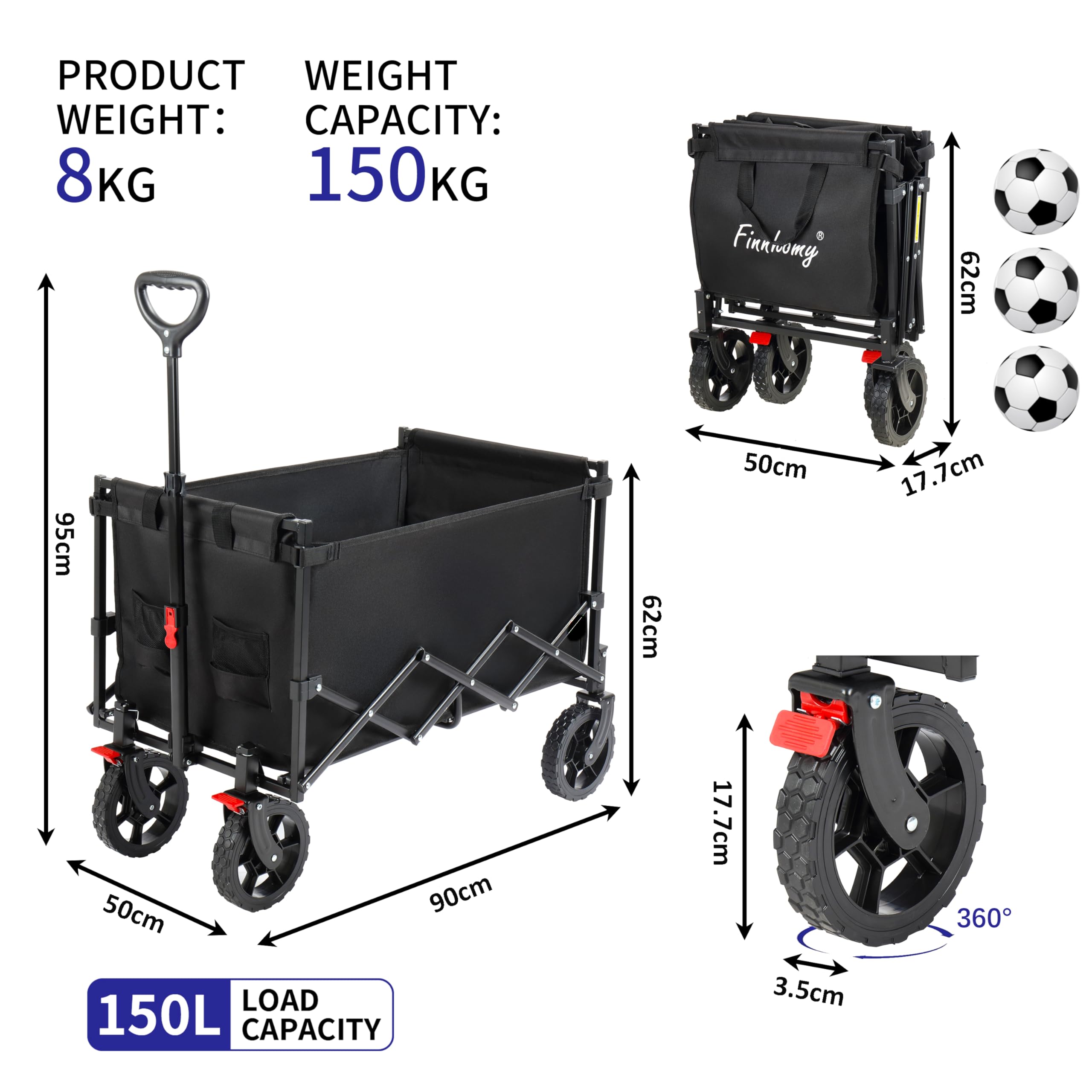 Finnhomy 150L Folding Camping Trolley with Brake, Collapsible Festival Trolley with Removable Wheels, 150KGs Capacity with Drink Holders