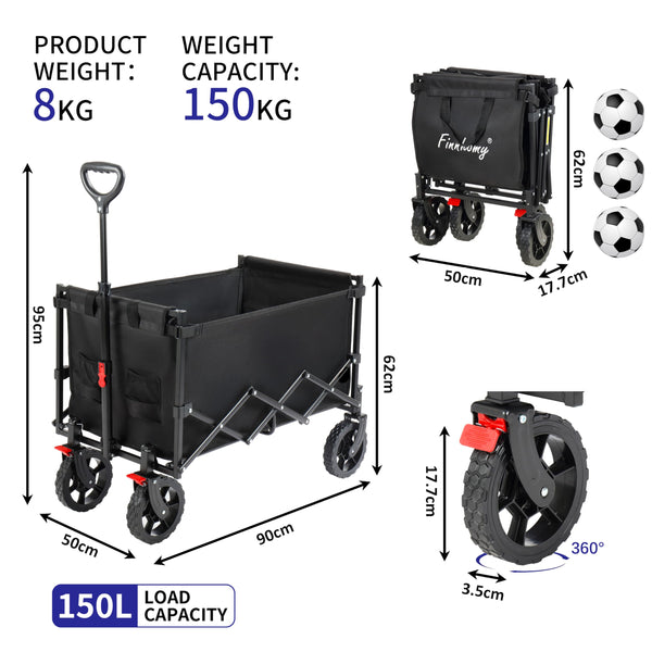 Finnhomy 150L Folding Camping Trolley with Brake, Collapsible Festival Trolley with Removable Wheels, 150KGs Capacity with Drink Holders