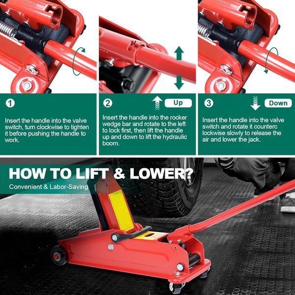 HYCHIKA Steel Racing Trolley Jack, with Hydraulic Piston Quick Lift Pump, 3 Ton (6,600 lb) Capacity, Lifting Range 5.3-18 inch