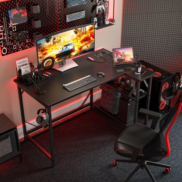 DOMSHOCT L Shaped Gaming Desk with Power Outlets, 100x70cm Corner Computer Desk with Large Reversible Shelves, Home Office Desk with Hooks for Writing