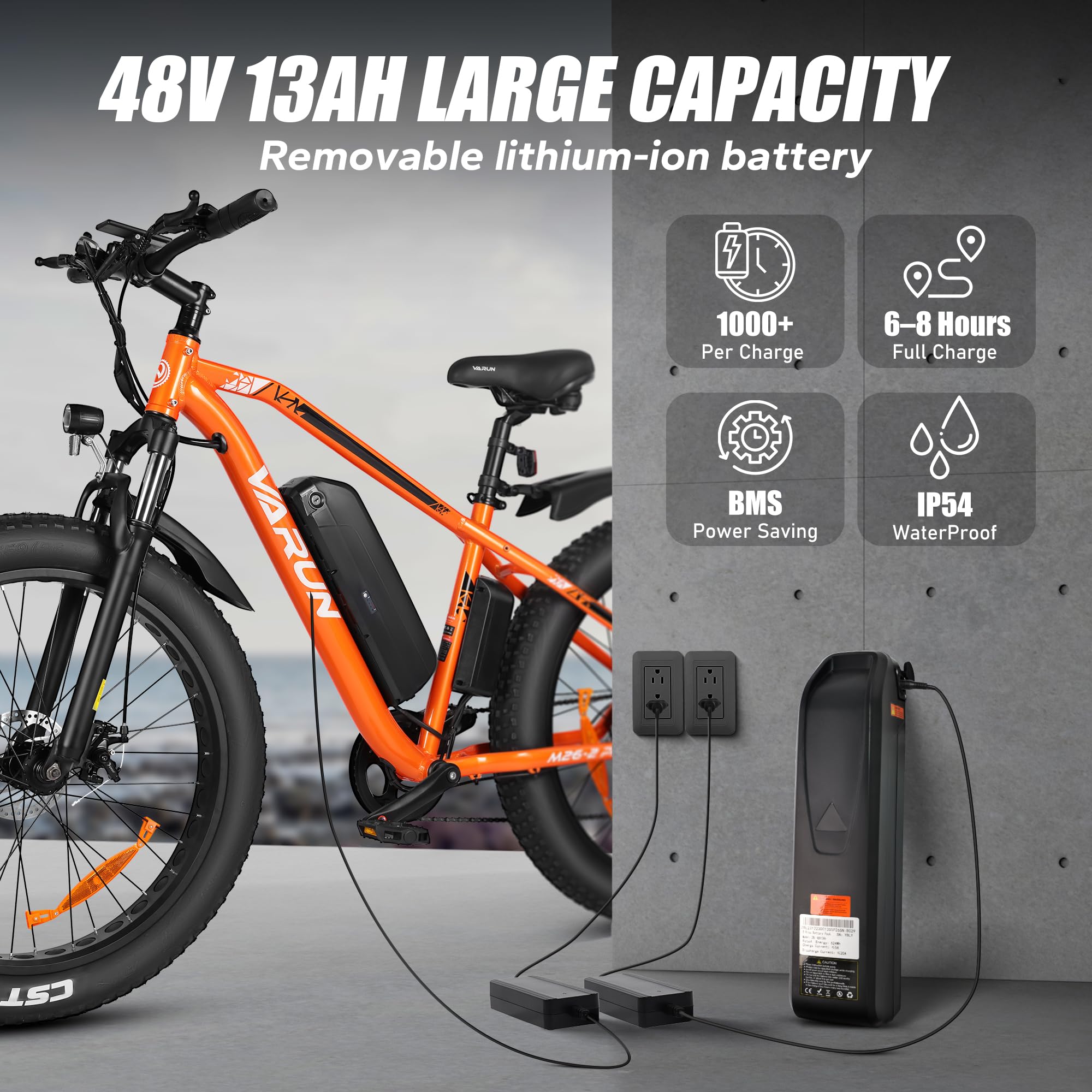 VARUN Electric Bike, 26 inch 4.0 Fat Tire Electric Mountain Bike with 48V16Ah/13Ah Battery, 85NM 250W Motor, Large LCD Meter, Aluminium E-fatbike for Adults, Range 100-120KM