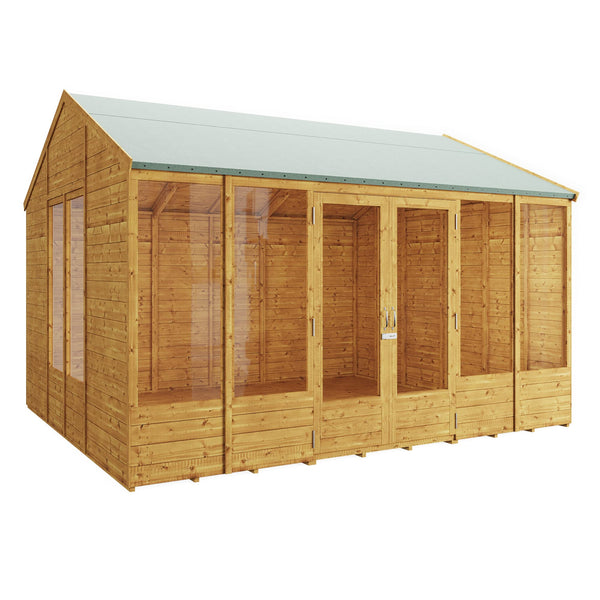 BillyOh Petra 12x10 Reverse Apex Summer House Shed, Log Cabin | Wooden Garden Room with Wide Double Doors, Tear Resistant Felt, Tongue and Groove Construction | Versatile Tiny Home or Garden Office